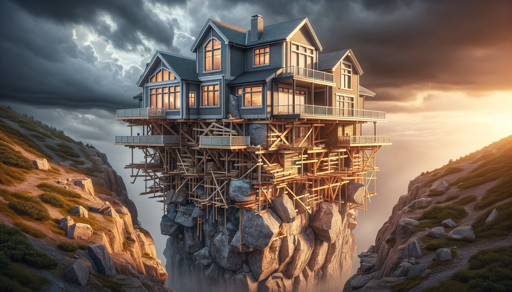 A house perched at the edge of a steep cliff, supported underneath by a haphazard lattice of rough wooden two-by-fours and crude lumber scaffolding hammered together at awkward angles