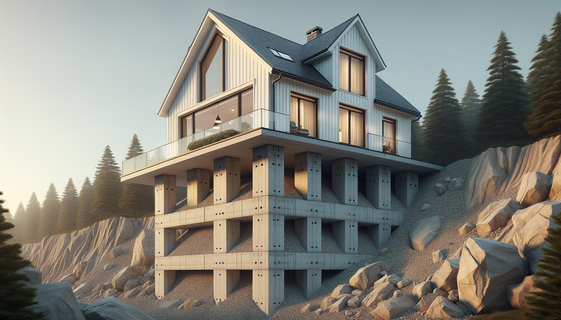 A house built directly on a massive reinforced concrete foundation poured deep into solid granite bedrock, integrated seamlessly with a stone mountainside
