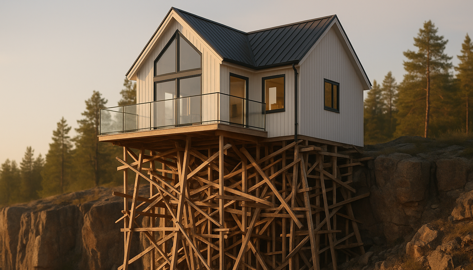 A house perched at the edge of a steep cliff, supported underneath by a haphazard lattice of rough wooden two-by-fours and crude lumber scaffolding hammered together at awkward angles